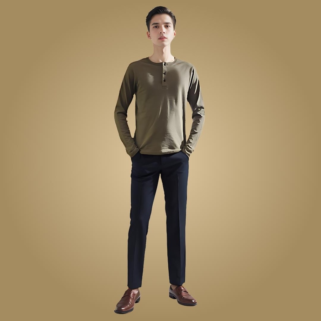 Slim Fit Henley Long Sleeve Organic Cotton Shirt by Sanctum Fashion - whole body