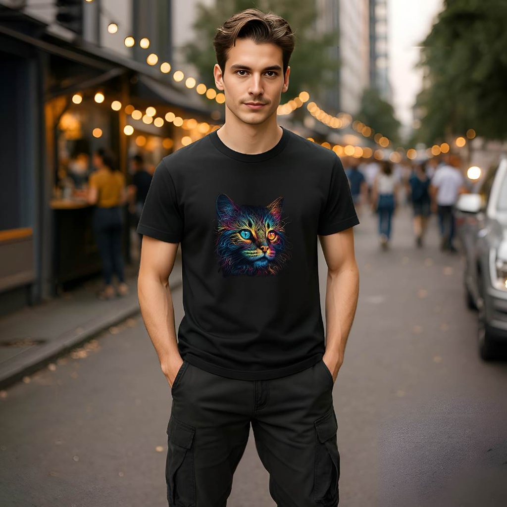 3D Psychedelic Rainbow Cat Organic Cotton T-Shirt by Sanctum Fashion - Eco-Friendly and Sustainable