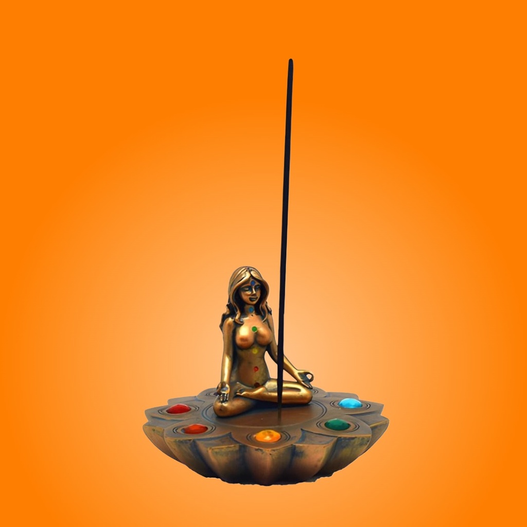 Meditative Woman Bronze Chakra Stone Incense Burner - A Tranquil Addition to Any Space