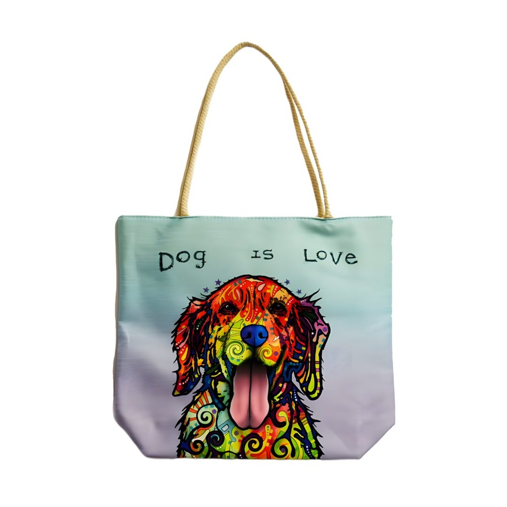 Sac Fourre-Tout en Jute 'Dog is Love' de Dean Russo - Art Canin Vibrant avec Poignées en Corde, Double Face