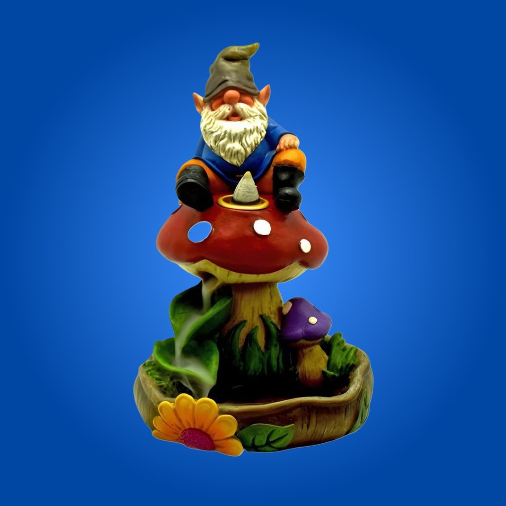 Enchanted Forest Gnome on Mushroom Backflow Incense Burner - Whimsical Figurine