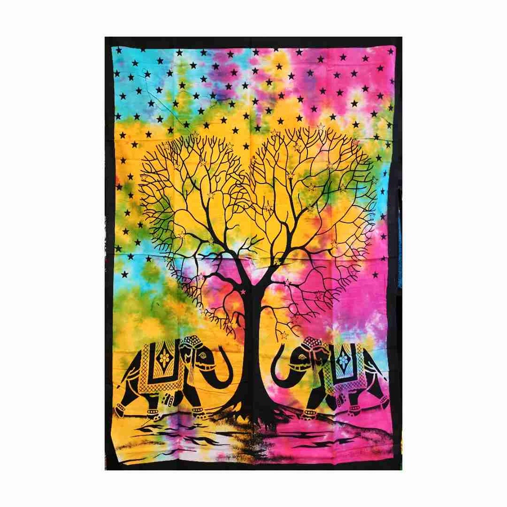 Tapisserie Arbre en Forme de Cœur et Éléphant en Tie-Dye Arc-en-Ciel | 30x40 Pouces