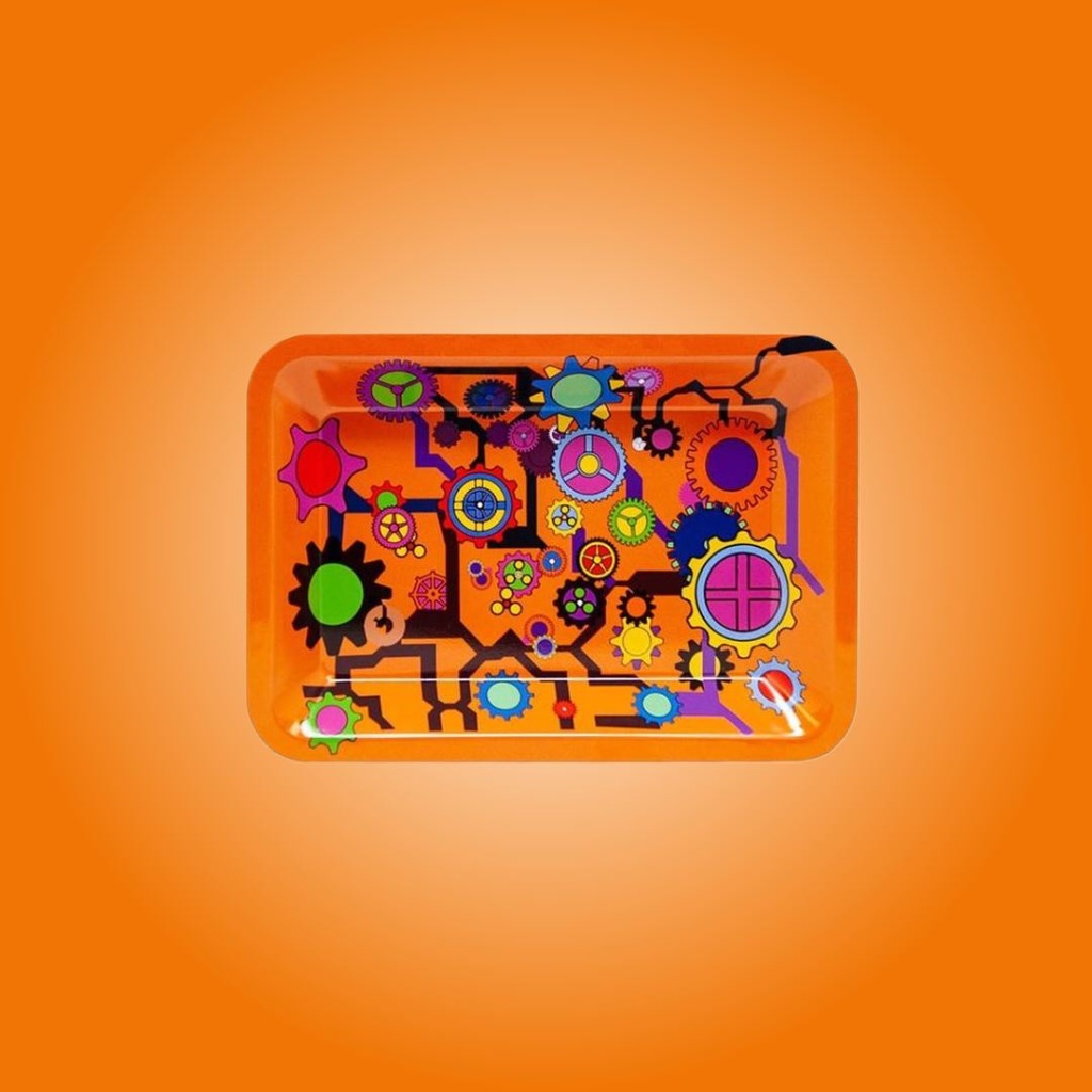 Precision-Crafted Orange Gears Rolling Tray – Compact 7x5 Design for Enthusiasts