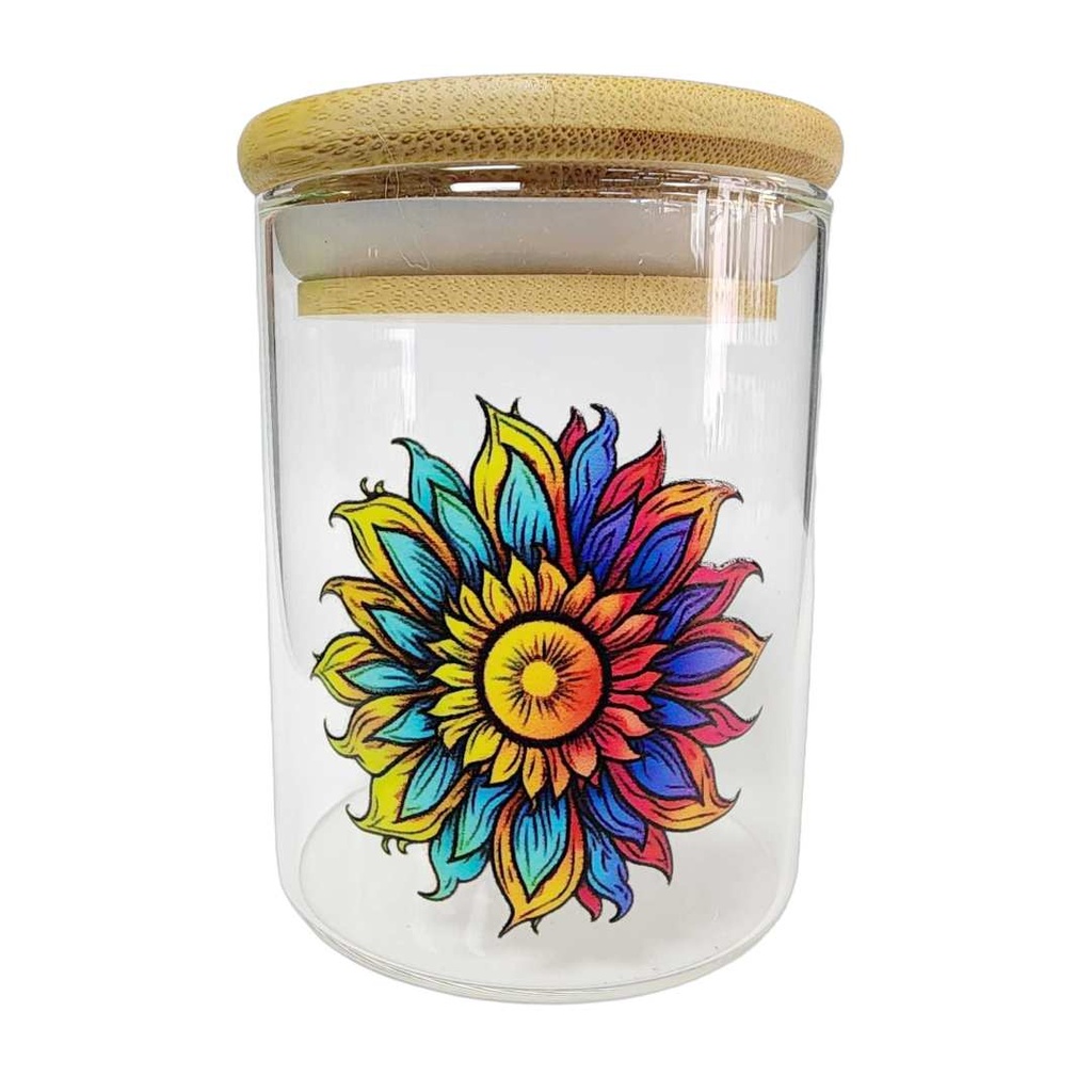 Pot en Verre Mini Tournesol Psychédélique | 200ml | Couvercle en Bambou avec Joint en Silicone