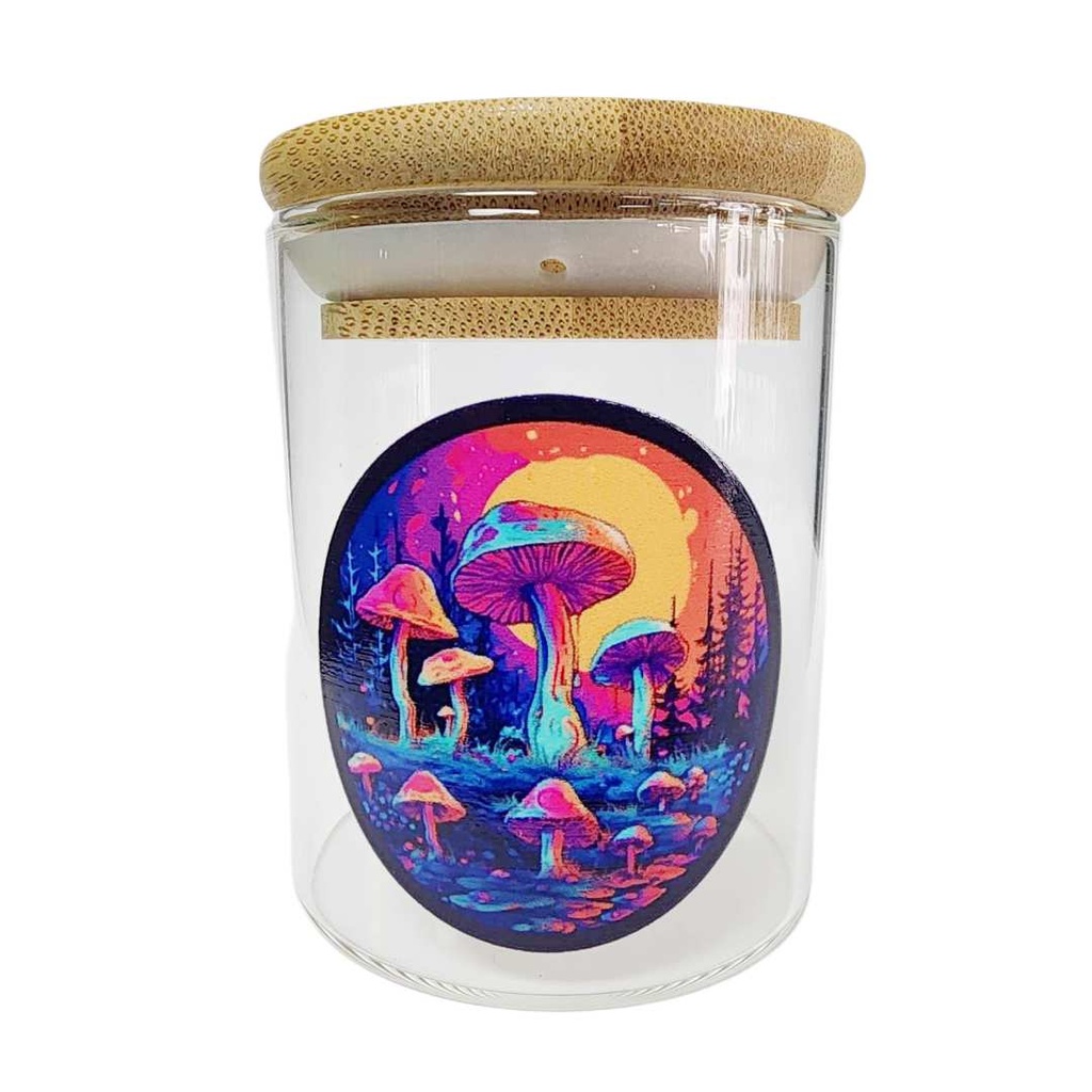 Paysage de Champignons - Mini Pot en Verre avec Couvercle en Bambou - 200ml