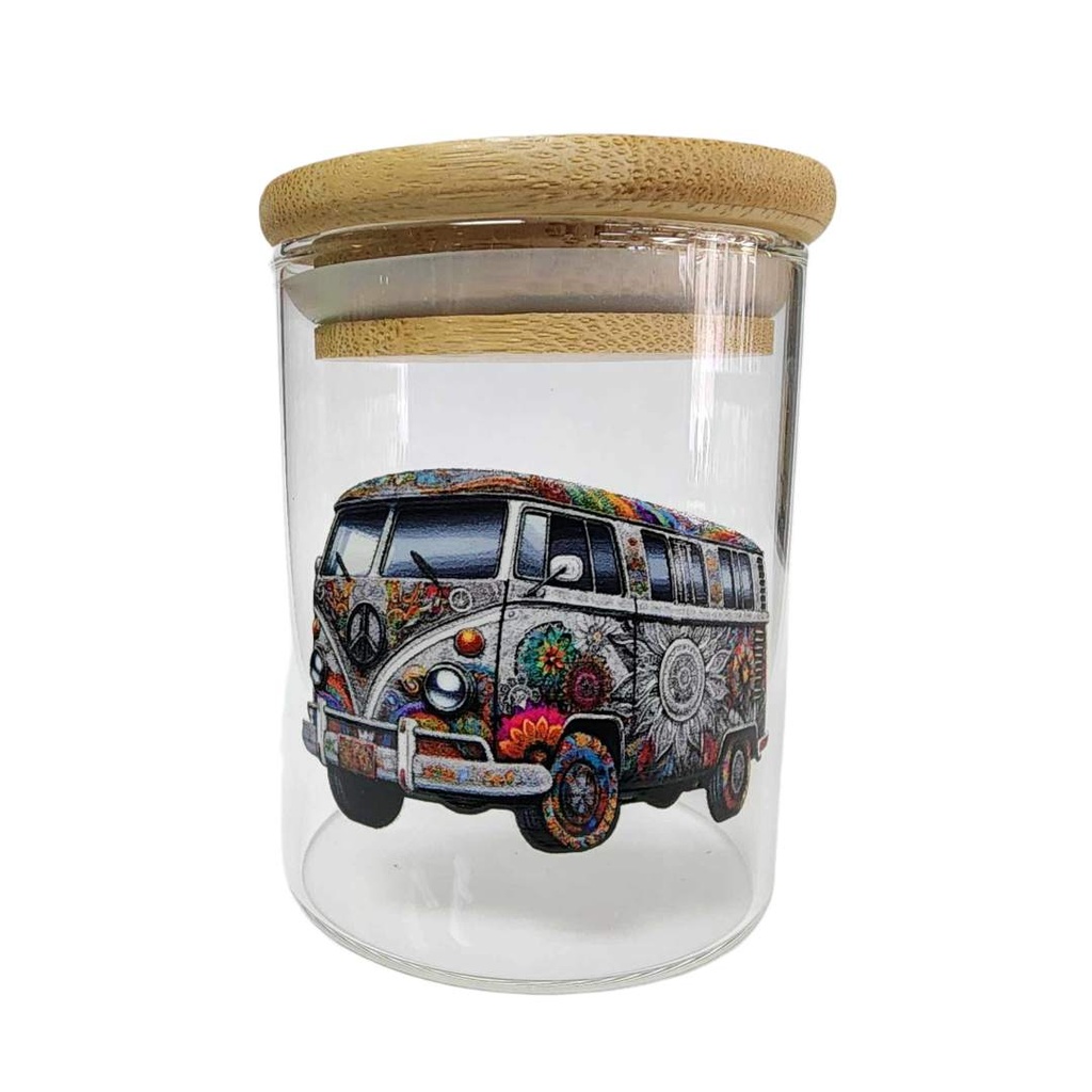 Tarro de Vidrio Mini Van Psicodélico | 200ml | Tapa de Bambú con Sello de Silicona